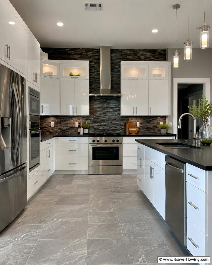 Contrasting Textures - 25 Kitchen With White Cabinets and Black Countertops Ideas