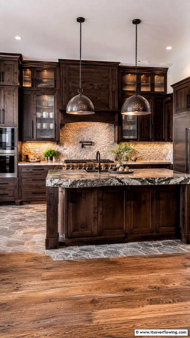 Contrasting Textures - 30 Dark Wood Kitchen Cabinet Designs for Classic Style