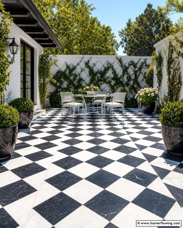 Contrasting Tile Floors - 25 Black and White Patio Ideas for a Timeless Look