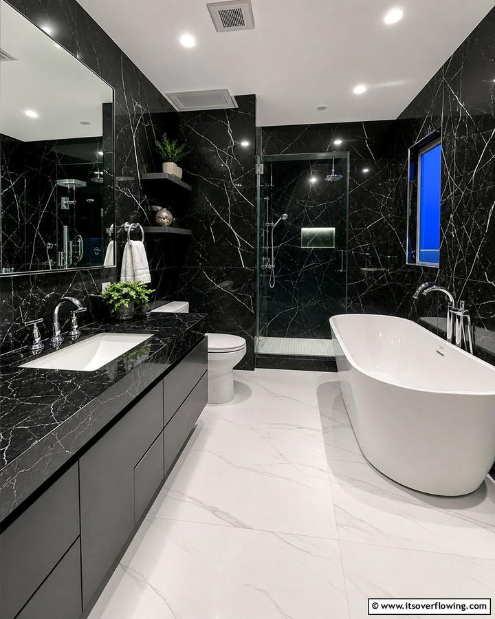 Contrasting White Fixtures - 20 Black Marble Bathrooms- Luxurious Design Ideas