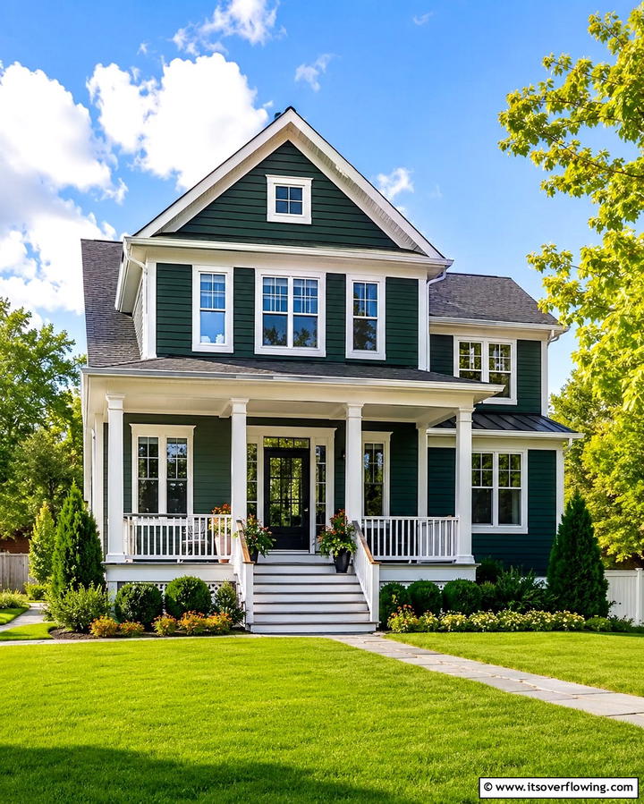 Contrasting White Trim Accents - 30 Stunning Dark Green Exterior House Designs for Curb Appeal