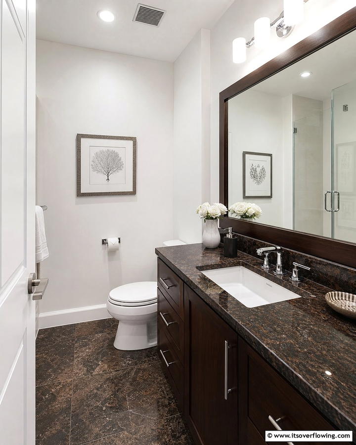 Contrasting White Walls with Brown Granite - 20 Elegant Brown Granite Bathroom Ideas for a Luxurious Look