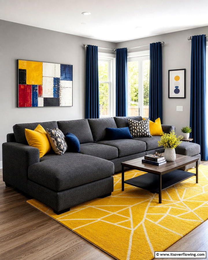 Contrasting with Bold Accents - 25 Grey Sectional Living Room Ideas for Modern Homes