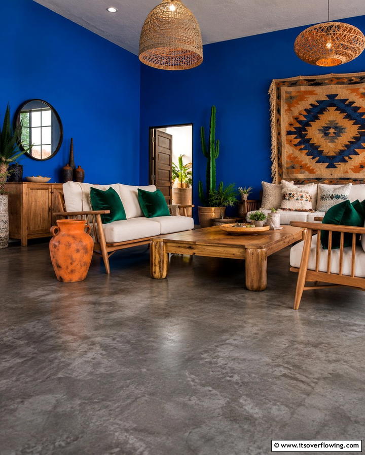 Contrasting with Bold Colors - 25 Rustic Concrete Floor Living Room Ideas for Style