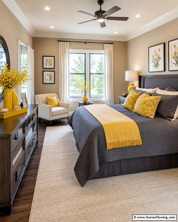 Coordinated Yellow Accessories - 30 Yellow Bedroom Ideas to Brighten Your Sleep Space