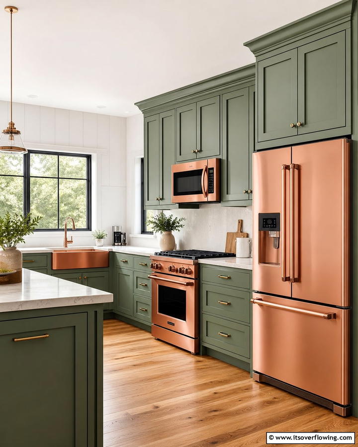 Copper Appliances with Green Cabinetry - 20 Green and Copper Kitchen Ideas for a Trendy Look