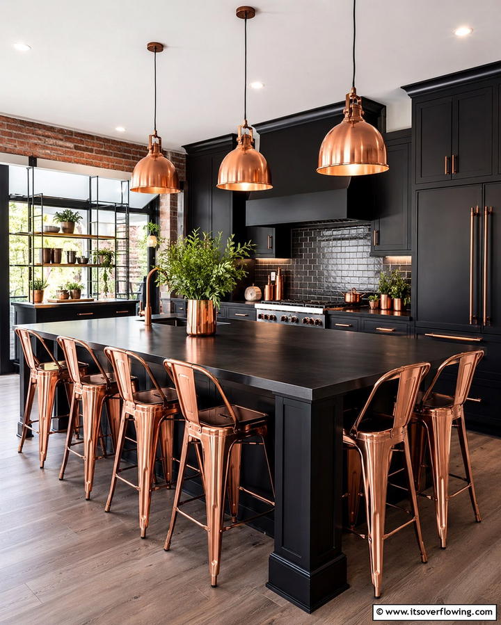 Copper Bar Stools Against a Black Island - 25 Black and Copper Kitchen Ideas for a Bold Look