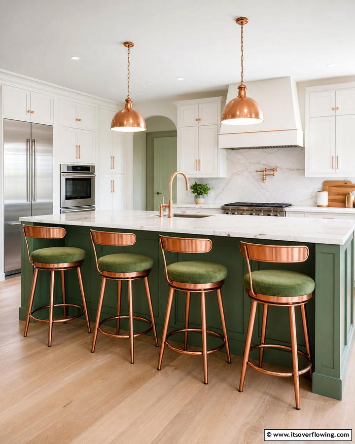 Copper Bar Stools with Green Accents - 20 Green and Copper Kitchen Ideas for a Trendy Look