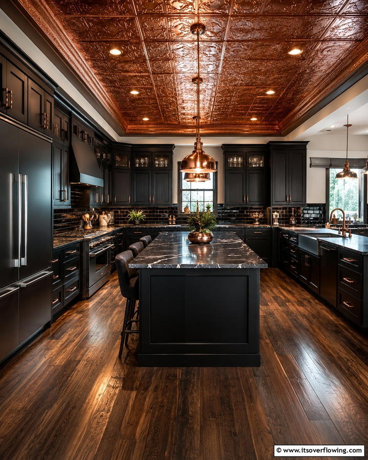 Copper Ceiling Accents in a Black Kitchen - 25 Black and Copper Kitchen Ideas for a Bold Look