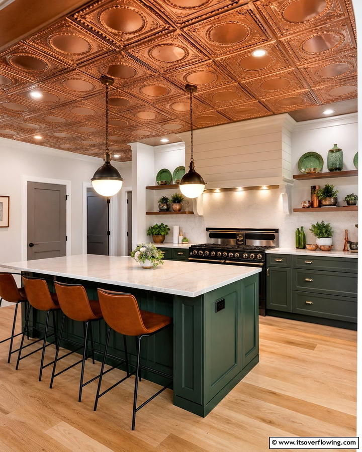 Copper Ceiling Panels with Green Accents - 20 Green and Copper Kitchen Ideas for a Trendy Look