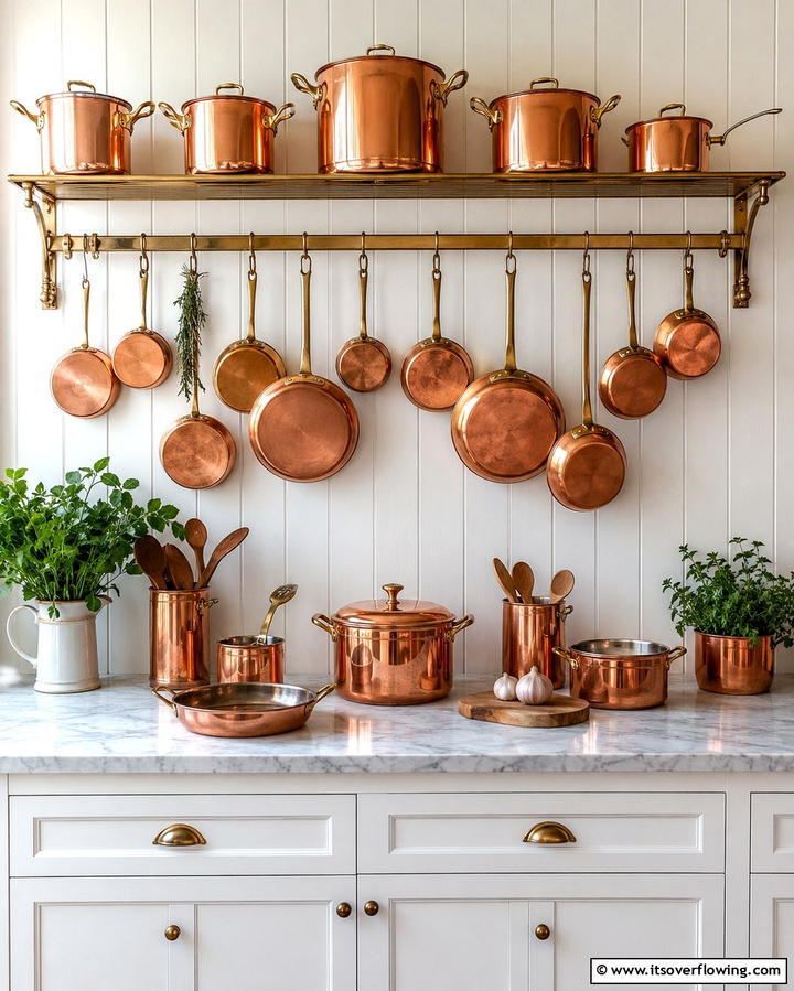 Copper Cookware Display - 25 French Country Kitchen Ideas for a Charming Look