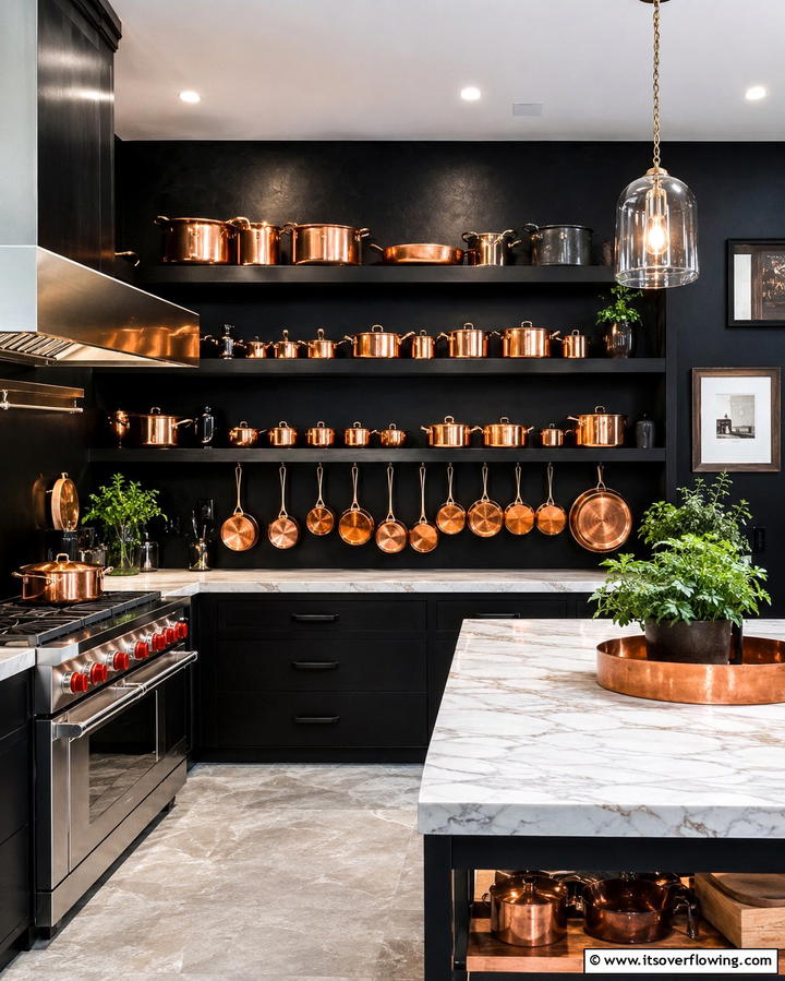 Copper Cookware Displayed on Black Shelves - 25 Black and Copper Kitchen Ideas for a Bold Look