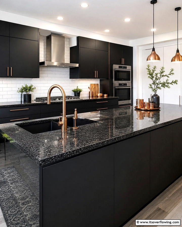 Copper Faucets on Black Countertops - 25 Black and Copper Kitchen Ideas for a Bold Look