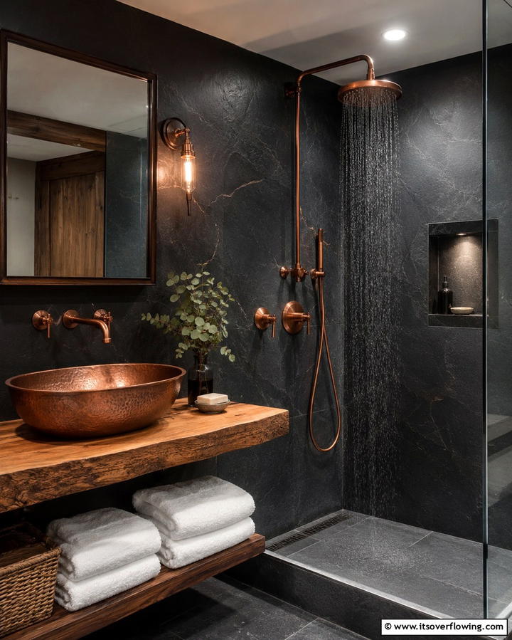 Copper Fixtures for Warmth and Character - 25 Rustic Walk-in Shower Ideas for a Spa-Like Bathroom