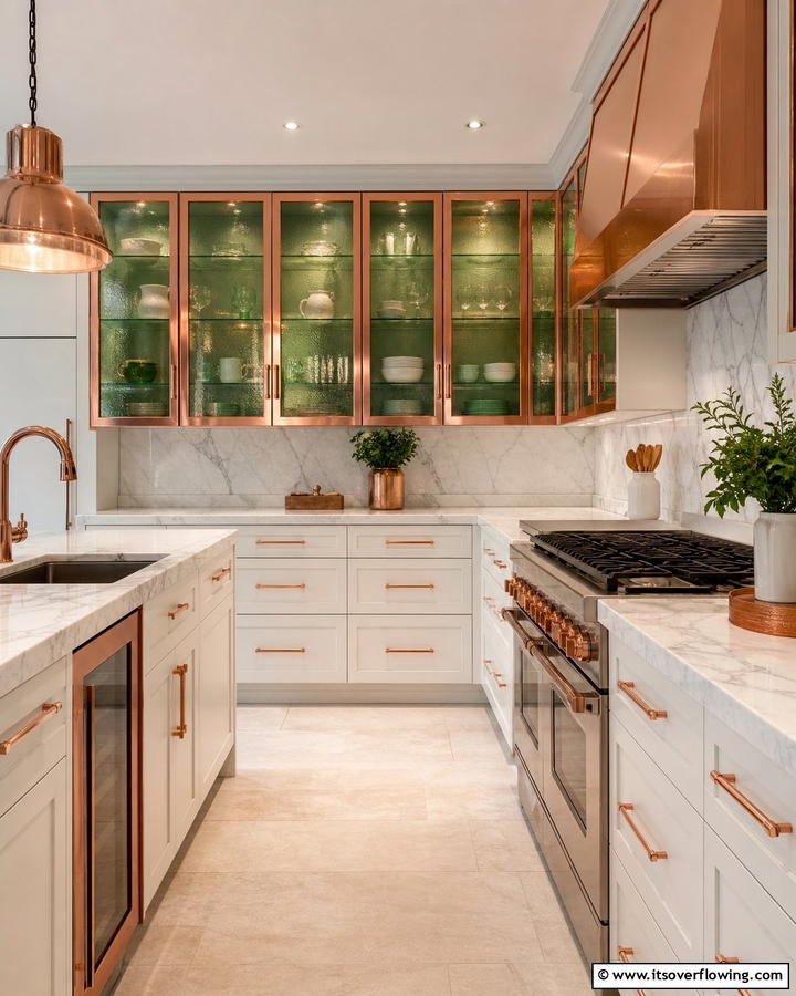 Copper Framed Green Glass Cabinets - 20 Green and Copper Kitchen Ideas for a Trendy Look