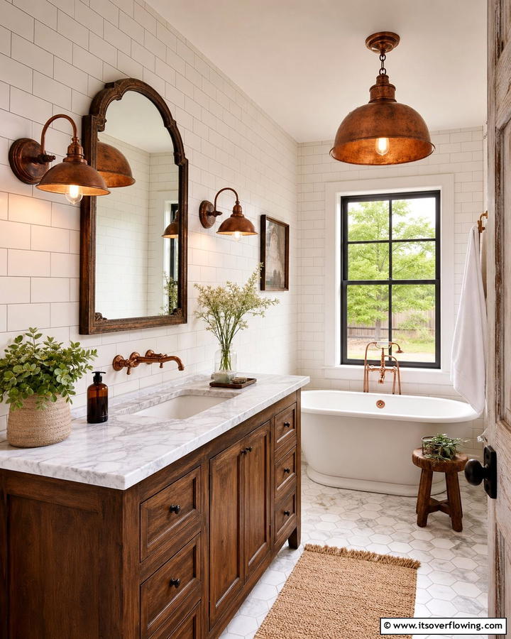 Copper Light Fixtures - 21 Country Bathroom Ideas with Vintage Farmhouse Charm