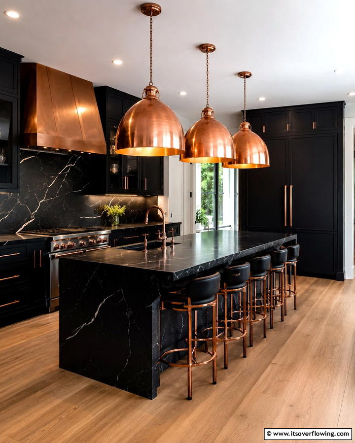 Copper Pendant Lighting for a Dramatic Effect - 25 Black and Copper Kitchen Ideas for a Bold Look