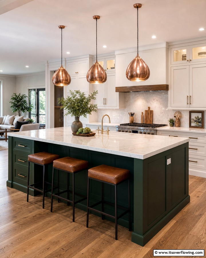 Copper Pendant Lights Over Green Island - 20 Green and Copper Kitchen Ideas for a Trendy Look