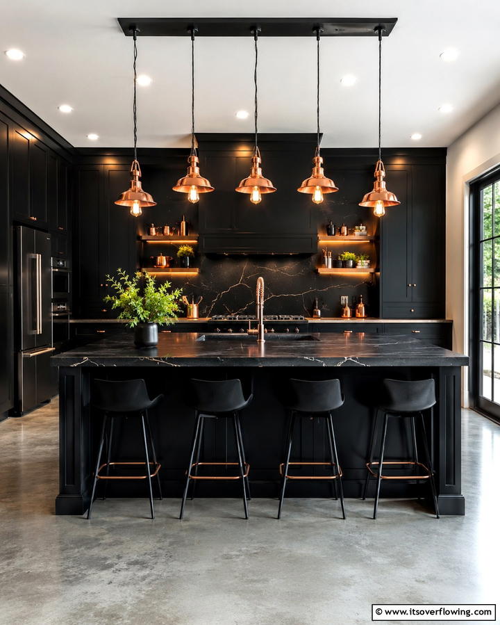 Copper Pendant Lights Over a Black Island - 25 Black and Copper Kitchen Ideas for a Bold Look