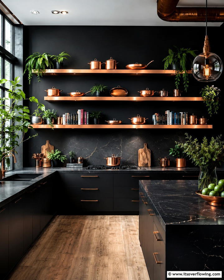 Copper Pot Rack Against Black Walls - 25 Black and Copper Kitchen Ideas for a Bold Look