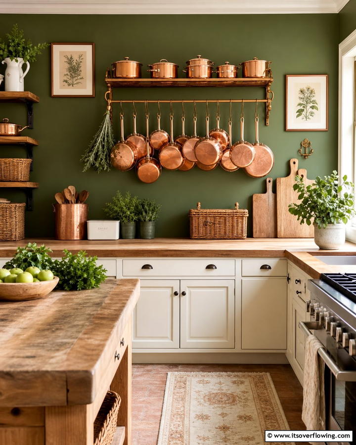 Copper Pots Displayed Against Green Walls - 20 Green and Copper Kitchen Ideas for a Trendy Look