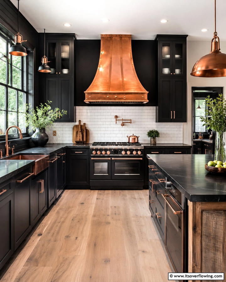 Copper Range Hood Against a Black Wall - 25 Black and Copper Kitchen Ideas for a Bold Look