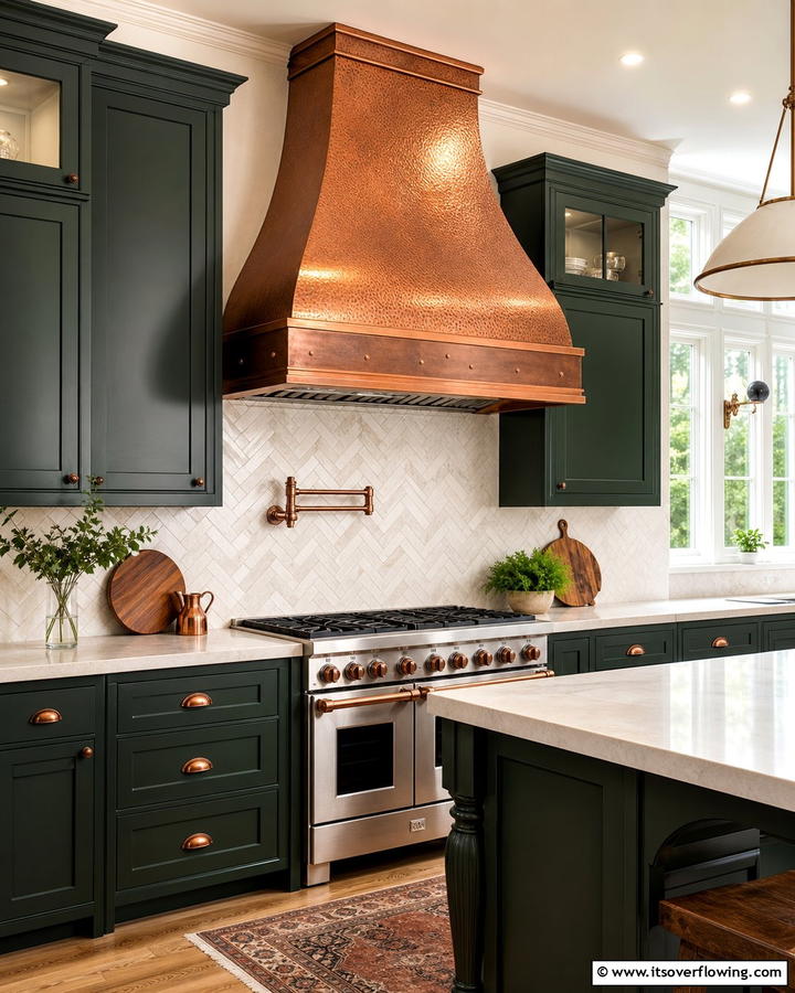 Copper Range Hood with Green Cabinetry - 20 Green and Copper Kitchen Ideas for a Trendy Look