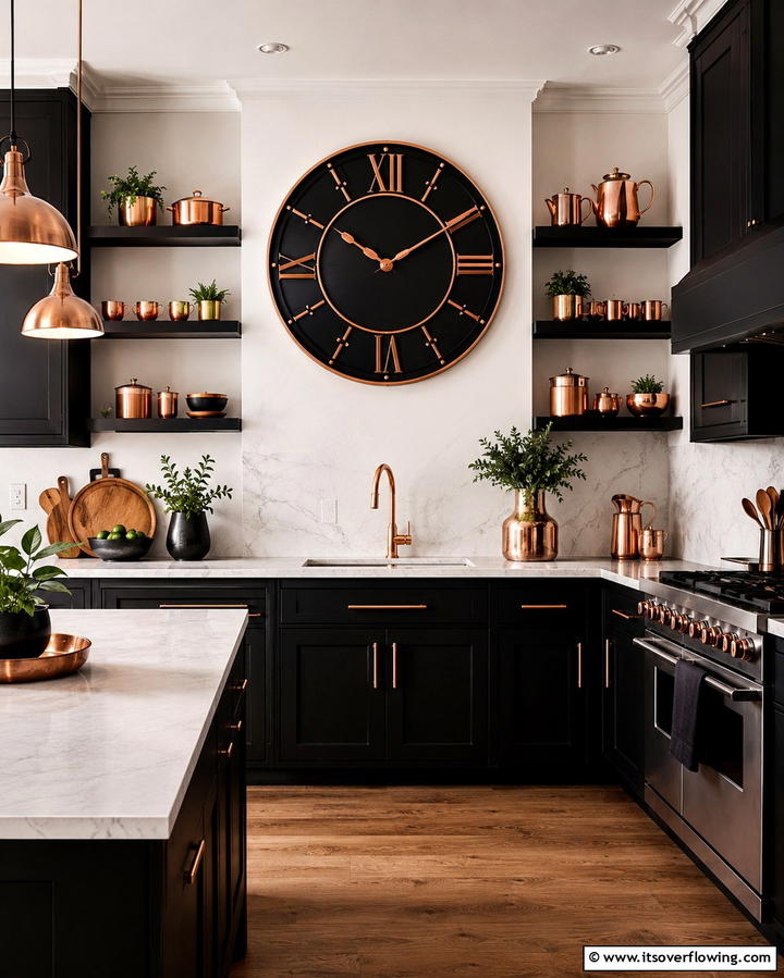 Copper Shelves Against Black Walls - 25 Black and Copper Kitchen Ideas for a Bold Look