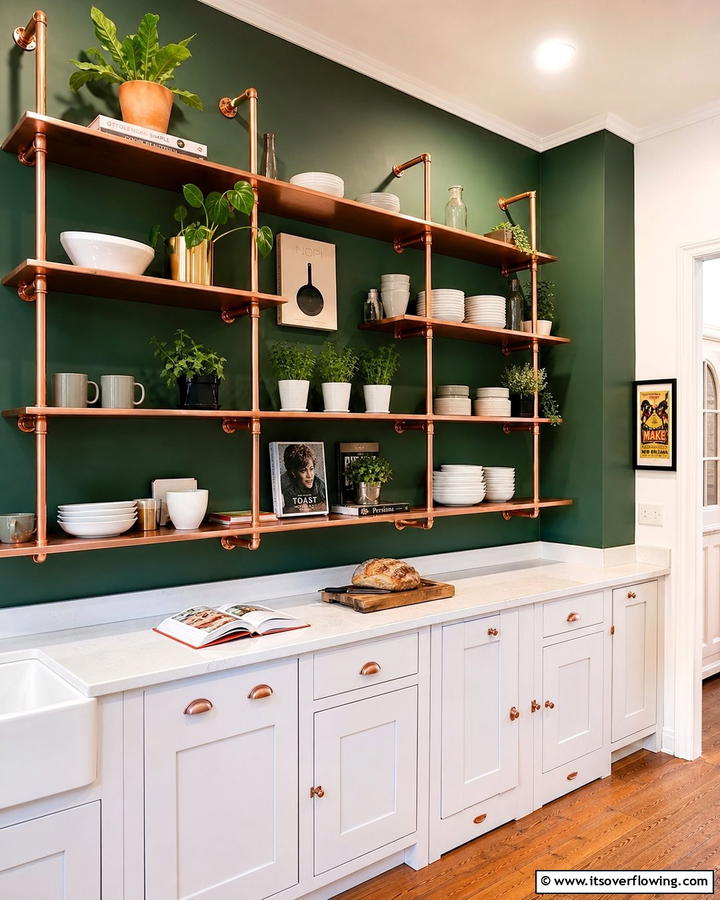 Copper Shelving with Green Walls - 20 Green and Copper Kitchen Ideas for a Trendy Look