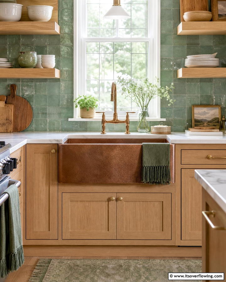Copper Sink with Green Backsplash - 20 Green and Copper Kitchen Ideas for a Trendy Look
