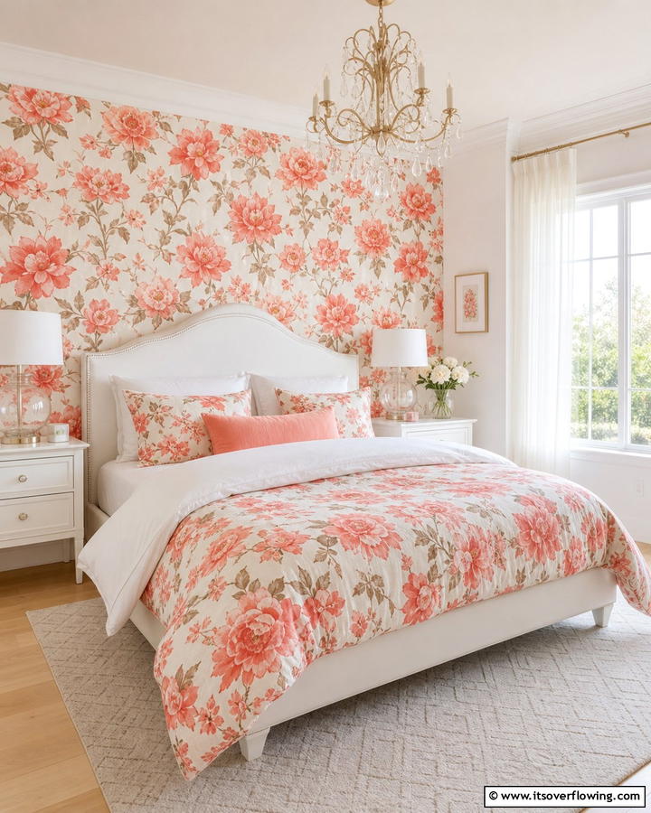 Coral Floral Patterns - 20 Coral Bedroom Ideas to Brighten Your Space