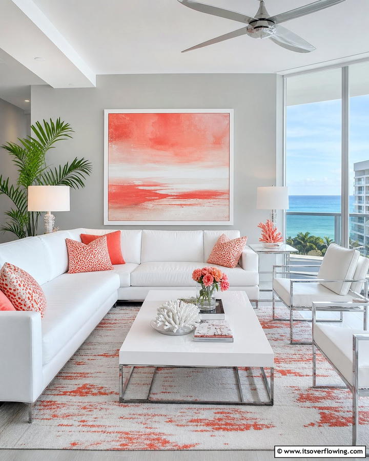 Coral Hues and Contemporary Touches - 21 Coastal Living Room Ideas with Nautical Accents