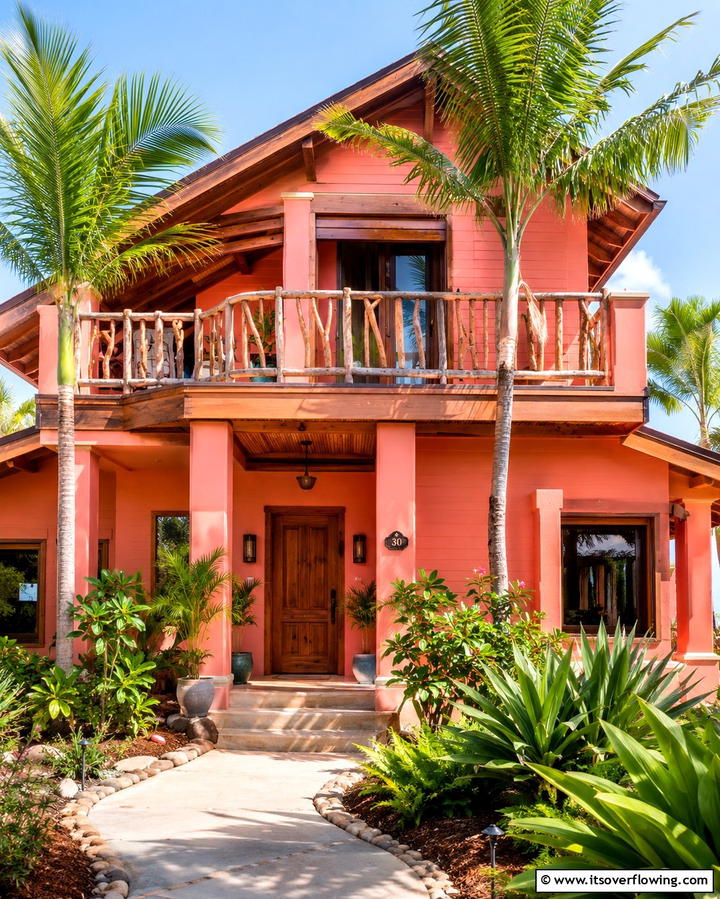 Coral Pink with Wooden Accents - 25 Pink House Exterior Ideas for a Charming Look