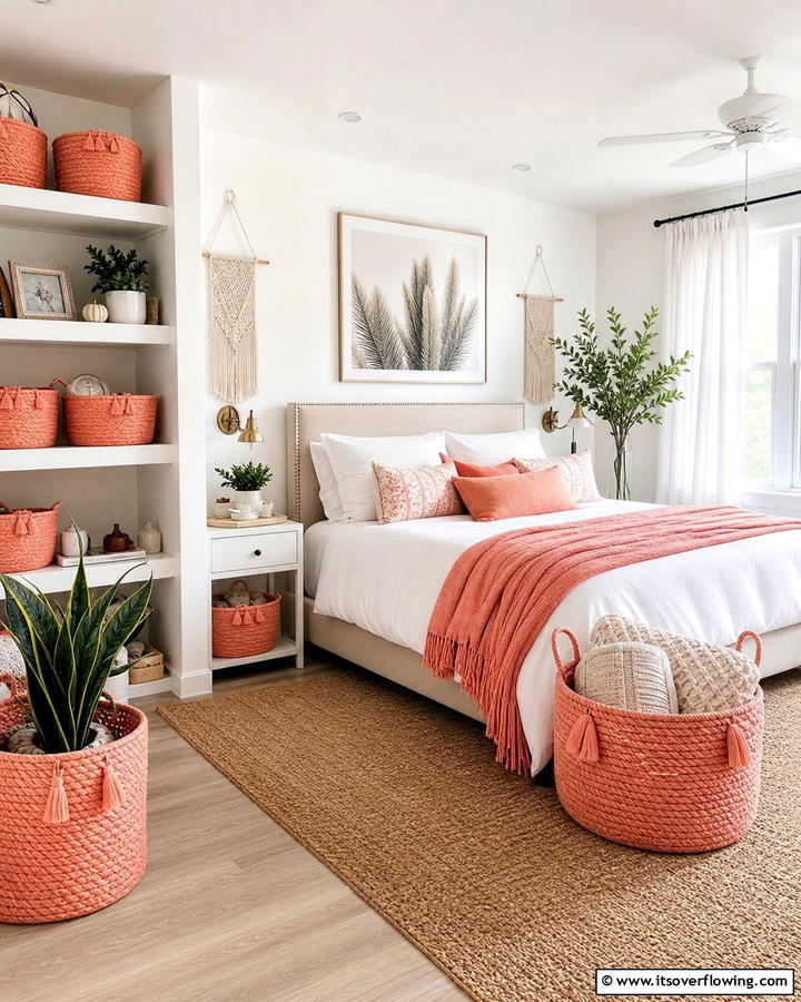 Coral Woven Baskets - 20 Coral Bedroom Ideas to Brighten Your Space
