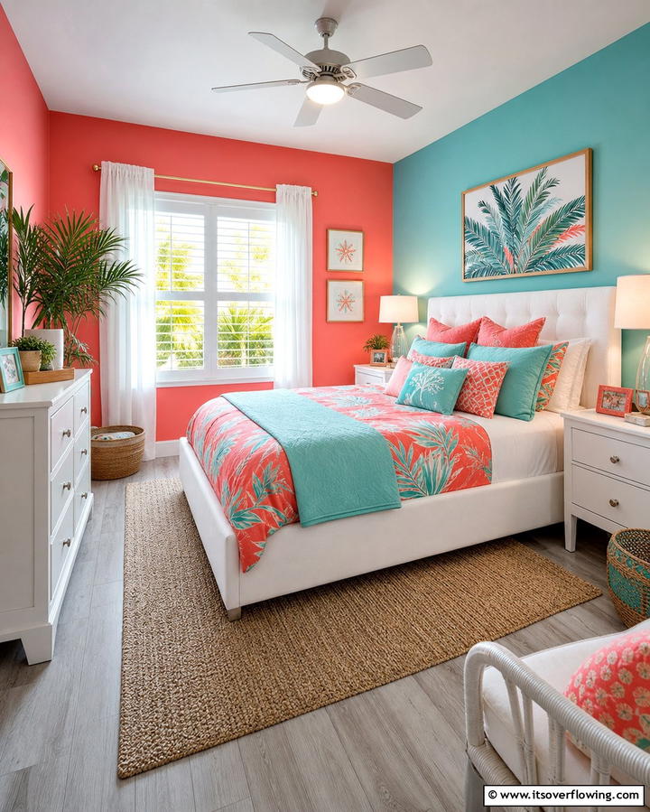 Coral and Aqua for Playful Energy - 25 Bedroom Painting Ideas With Two Colors for Impact