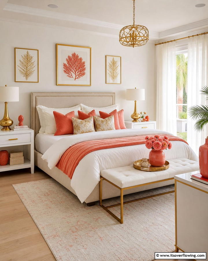 Coral and Gold Accents - 20 Coral Bedroom Ideas to Brighten Your Space