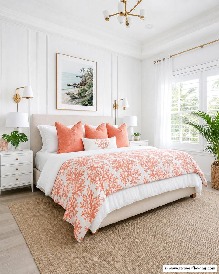 Coral and White Bedding - 20 Coral Bedroom Ideas to Brighten Your Space