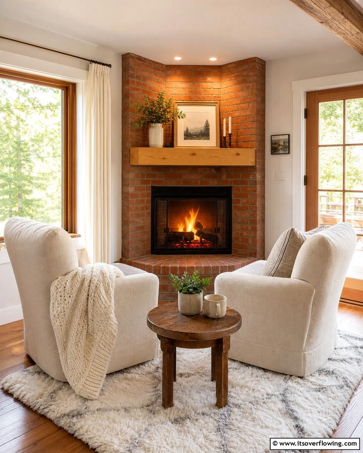 Corner Brick Fireplace for Cozy Spaces - 25 Rustic Living Room Ideas with a Brick Fireplace