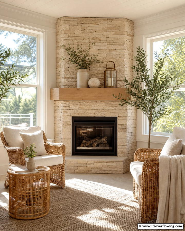 Corner Faux Stone FireplaceOne - 25 Faux Stone Fireplace Ideas for a Cozy and Elegant Look