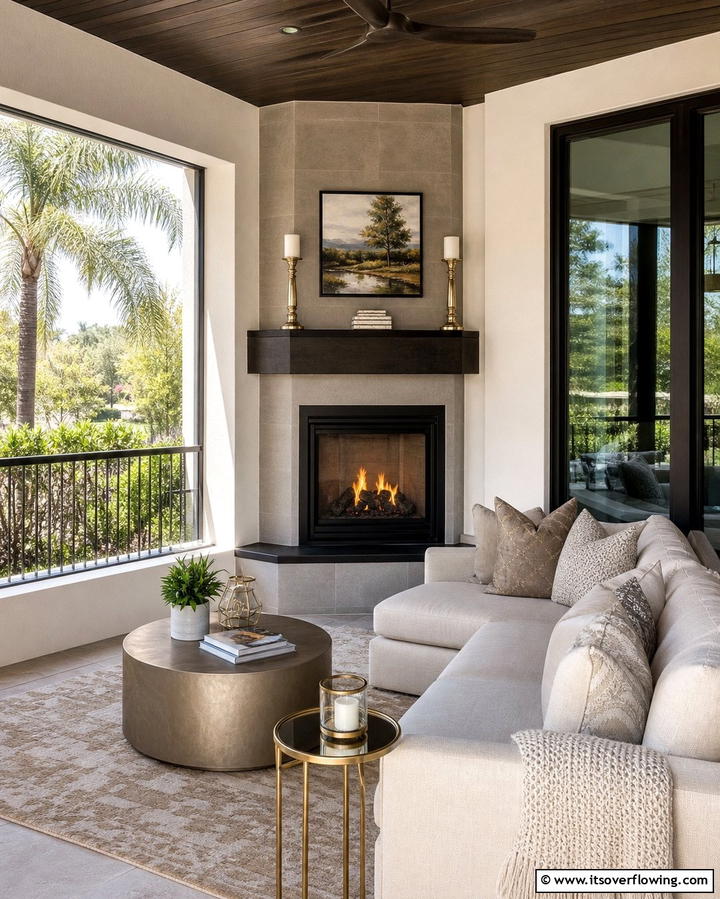 Corner Fireplace - 25 Porch Fireplace Ideas for Cozy Outdoor Evenings
