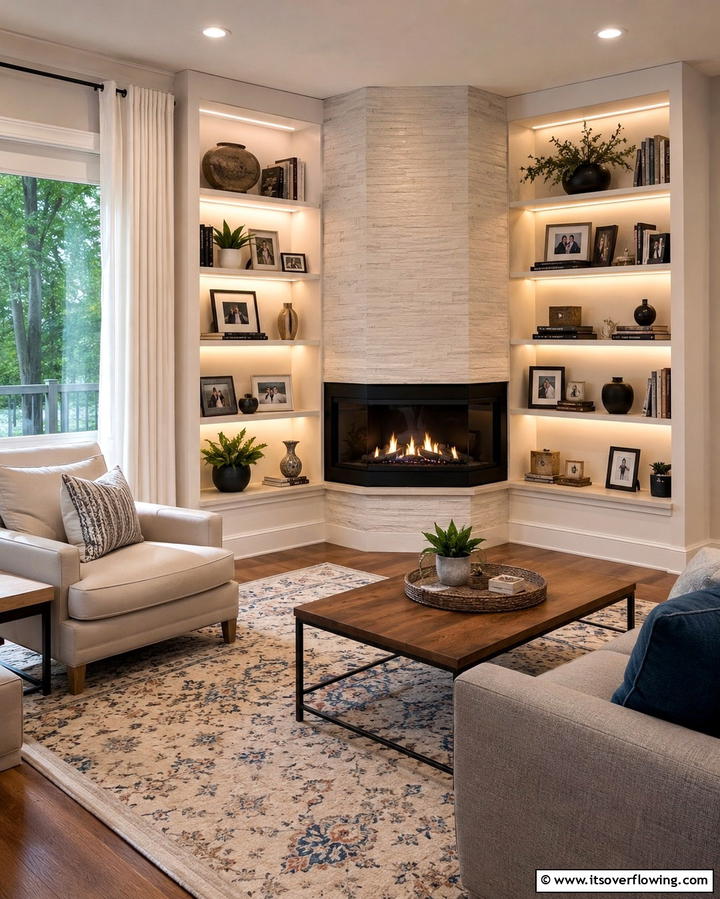Corner Fireplace with Built In Shelving - 25 Cozy Corner Gas Fireplace Ideas for Your Home