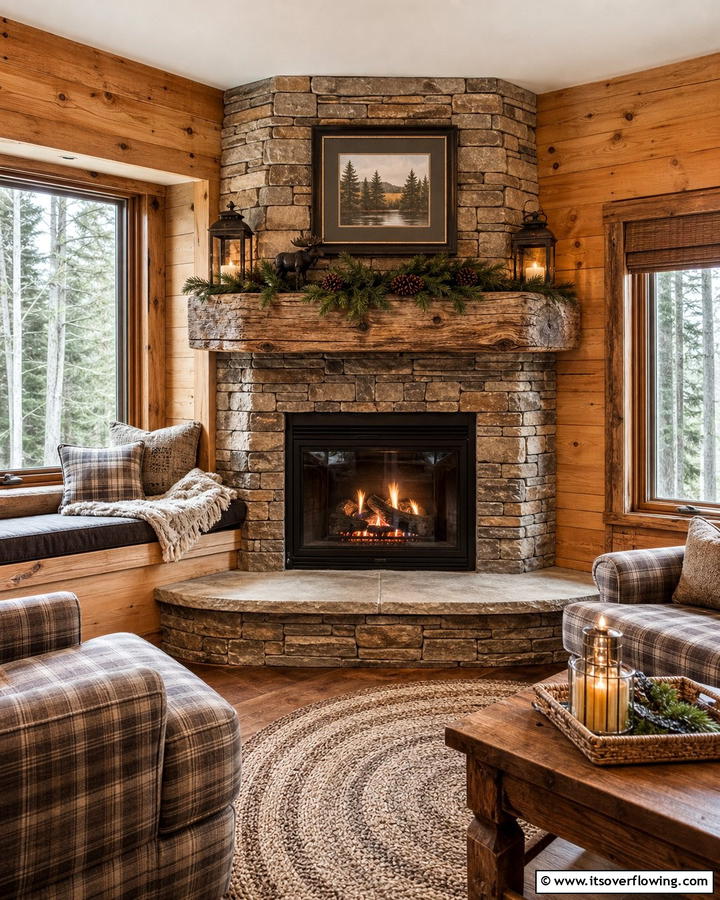 Corner Fireplace with Rustic Mantel - 25 Cozy Cabin Fireplace Ideas for a Warm Retreat