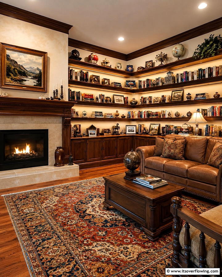 Corner Fireplace with Wraparound Shelves - 30 Fireplace with Bookshelves Ideas for Cozy Literary Nooks
