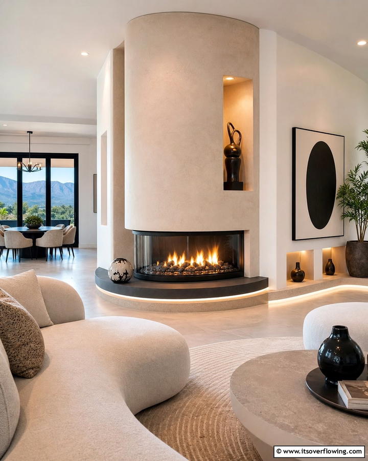Corner Fireplace with a Curved Design - 25 Cozy Corner Gas Fireplace Ideas for Your Home