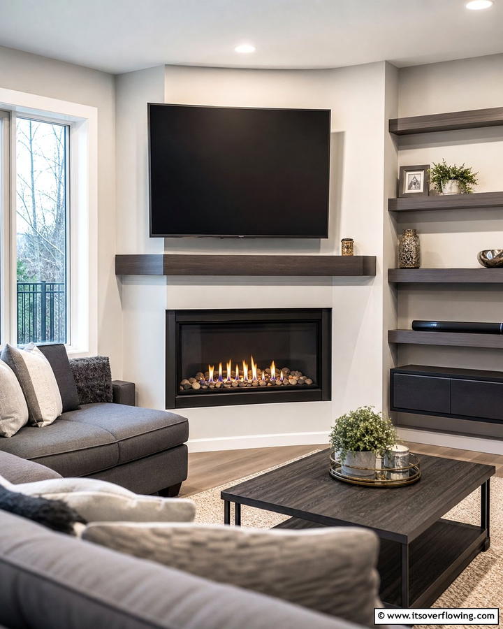 Corner Fireplace with a TV Above - 25 Cozy Corner Gas Fireplace Ideas for Your Home