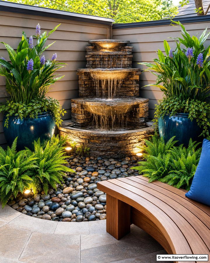 Corner Fountain Feature - 20 Creative Corner Patio Ideas for Small Outdoor Spaces