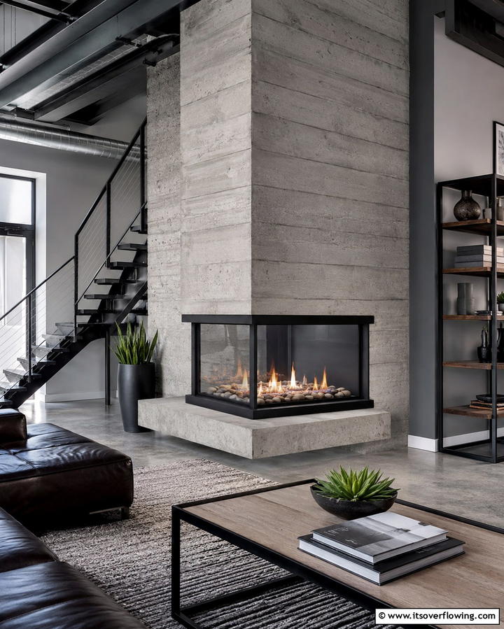 Corner Gas Fireplace with a Concrete Finish - 25 Cozy Corner Gas Fireplace Ideas for Your Home