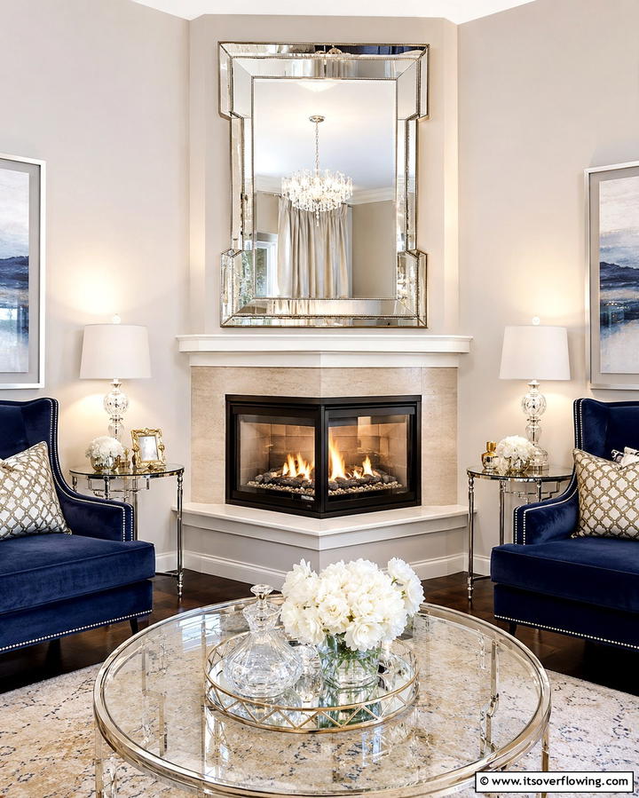 Corner Gas Fireplace with a Mirror Above - 25 Cozy Corner Gas Fireplace Ideas for Your Home