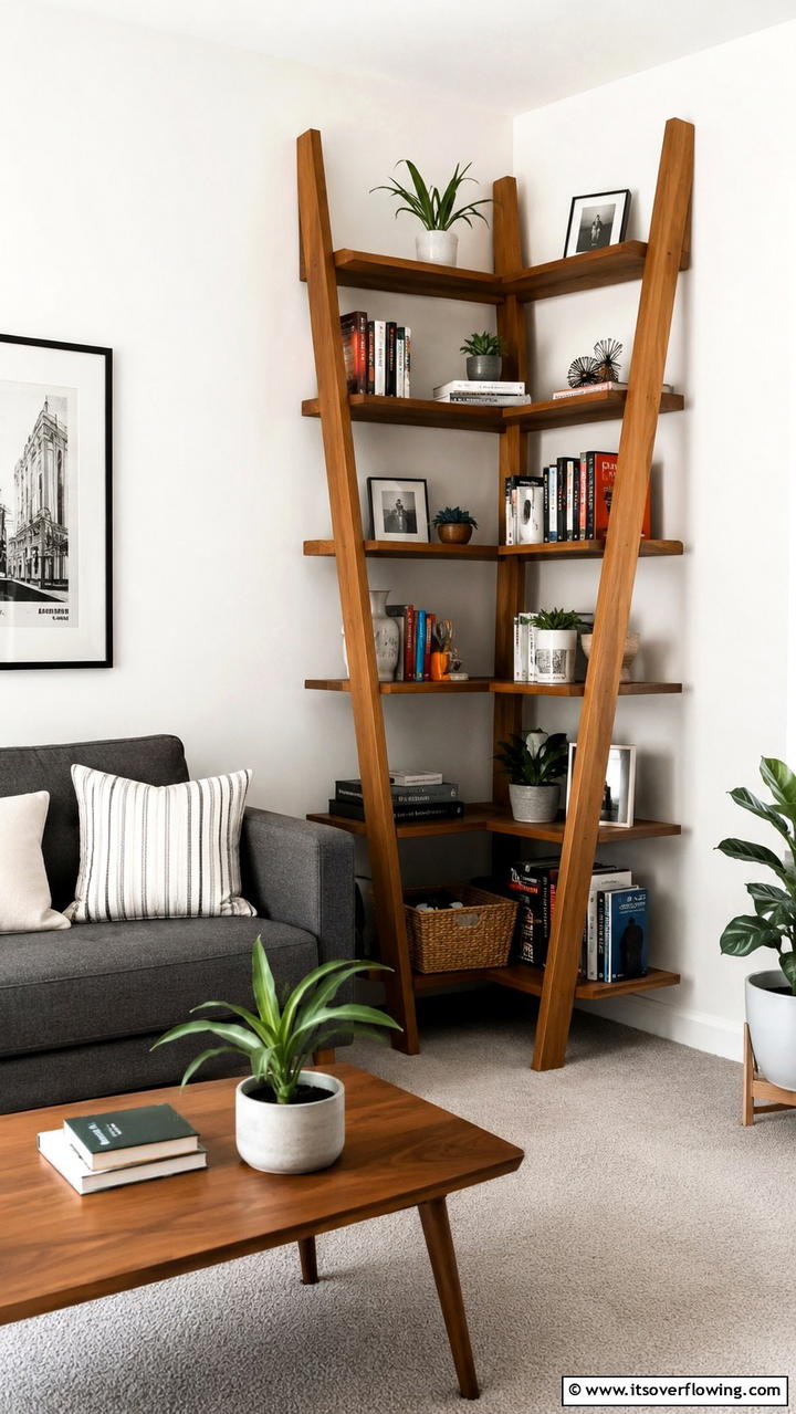 Corner Ladder Bookcase Arrangement - 30 Bookshelf Organization Ideas for Stylish Order
