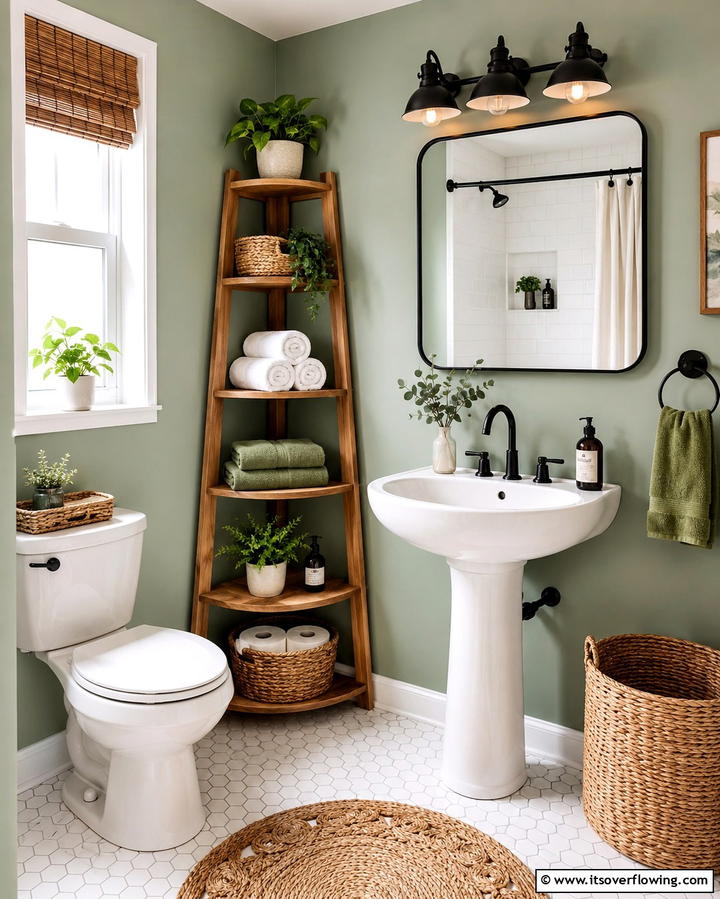 Corner Ladder Shelves - 30 Small Bathroom Shelving Ideas for Smart Storage